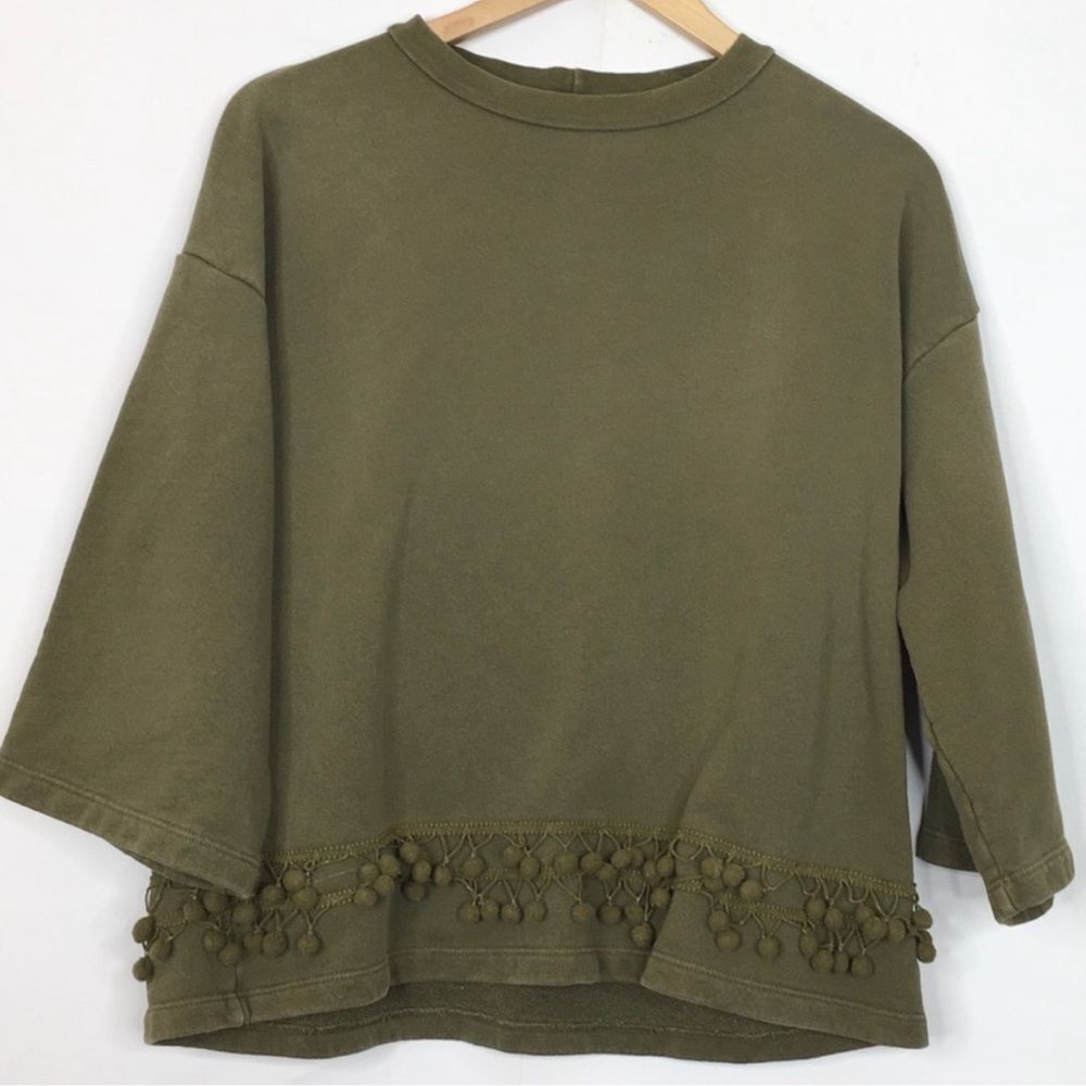 Current/Elliott Olive Sweater with Pom-Pom Detail size 3, which equals a large